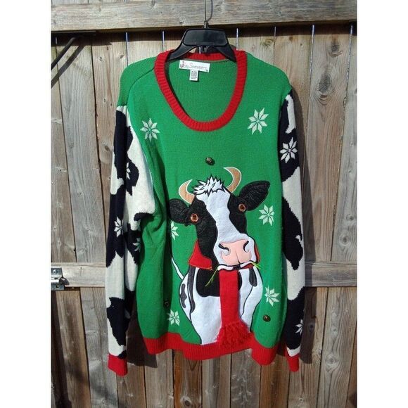 Sweaters - Ugly Christmas Sweater Cow w/Jingle Bells Jolly Sweaters XL Red & Green Party